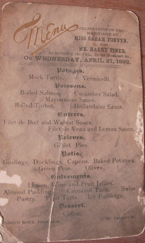 1892 wedding menu, Bonn's Hotel, 12 Great Prescott Street for the wedding of Harris Finer and Sarah Fontyn