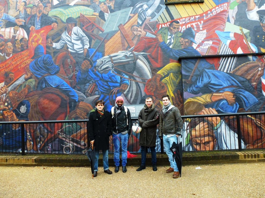 A walking tour with a group of R.A.D.A students at the Cable Street mural getting a feel for Arnold Wesker's play Chicken Soup with Barley.  