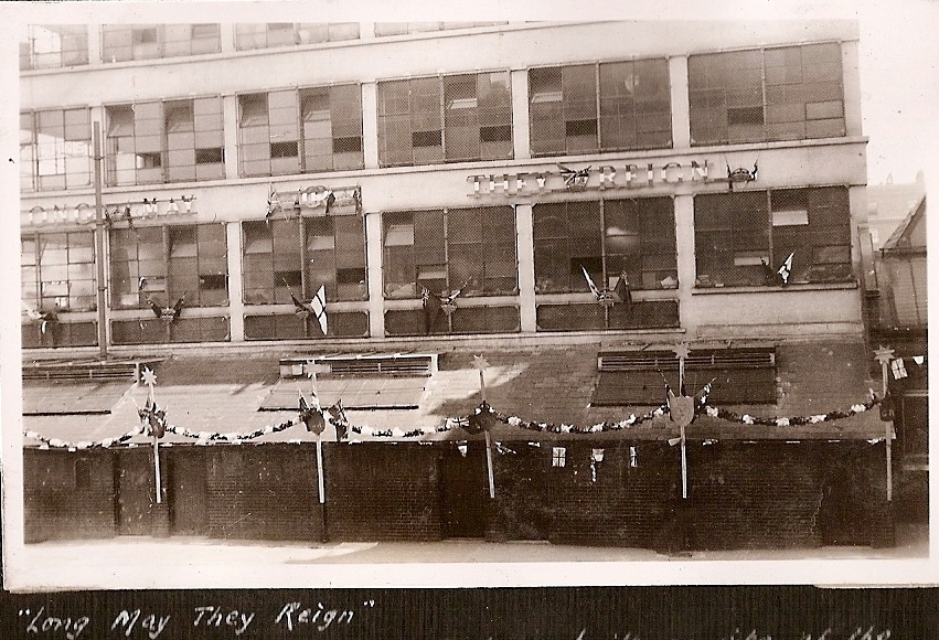 'Long may they reign' 1936 Coronation decorations on factory built on the sight of the Netherlands club that was demolished Summer 1935