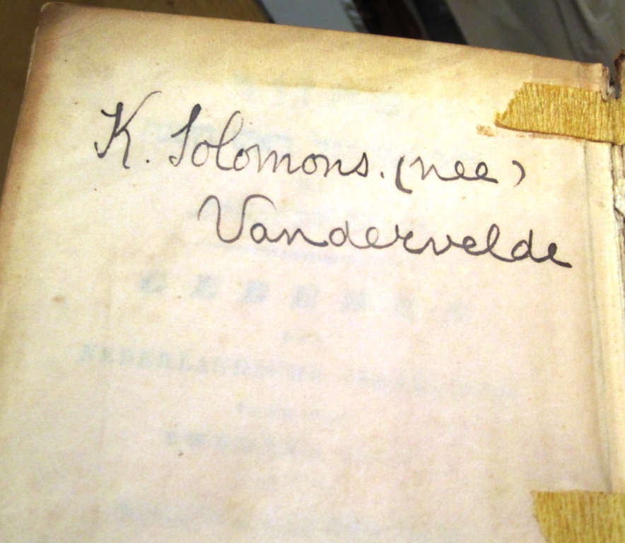 K Solomons signature on the inside front cover of the her prayer book (left) - note her Dutch maiden name Vandervelde