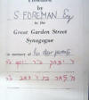 Book plate in Singers prayer book used in Nelson Street Synagogue: 'Presented by S Foreman to the Great Garden Street Synagogue in memory of his dear parents'